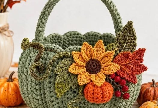 Crochet Autumn Basket with Sunflower, Pumpkin, Leaves, and Berries Pattern